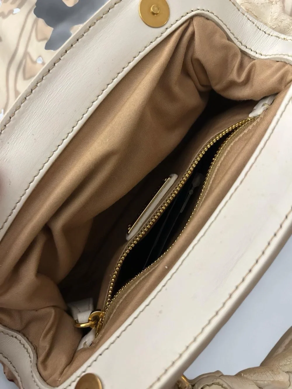 Miu Miu White Braided-Handle Gathered Leather Bag